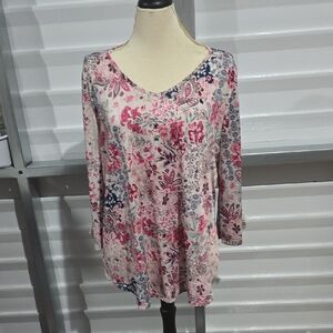 Stem & Vine Floral V-Neck Blouse -‎ Pink and Blue Size 3X